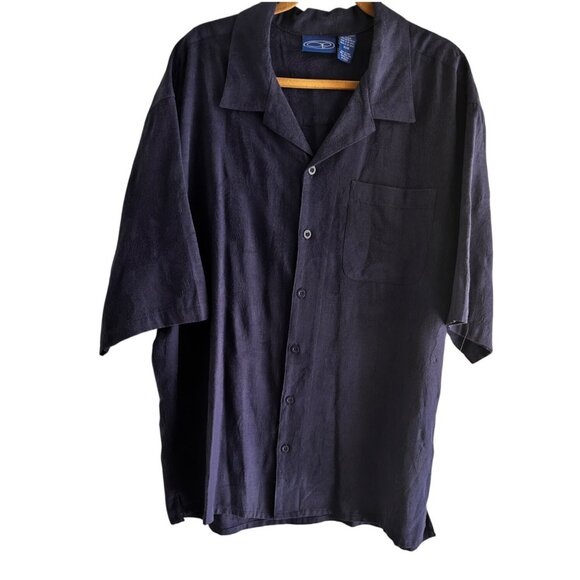 OP Size Xl  Navy Blue Short-Sleeve Button-Up Floral Solid Rayon Cotton Shirt - Picture 3 of 8